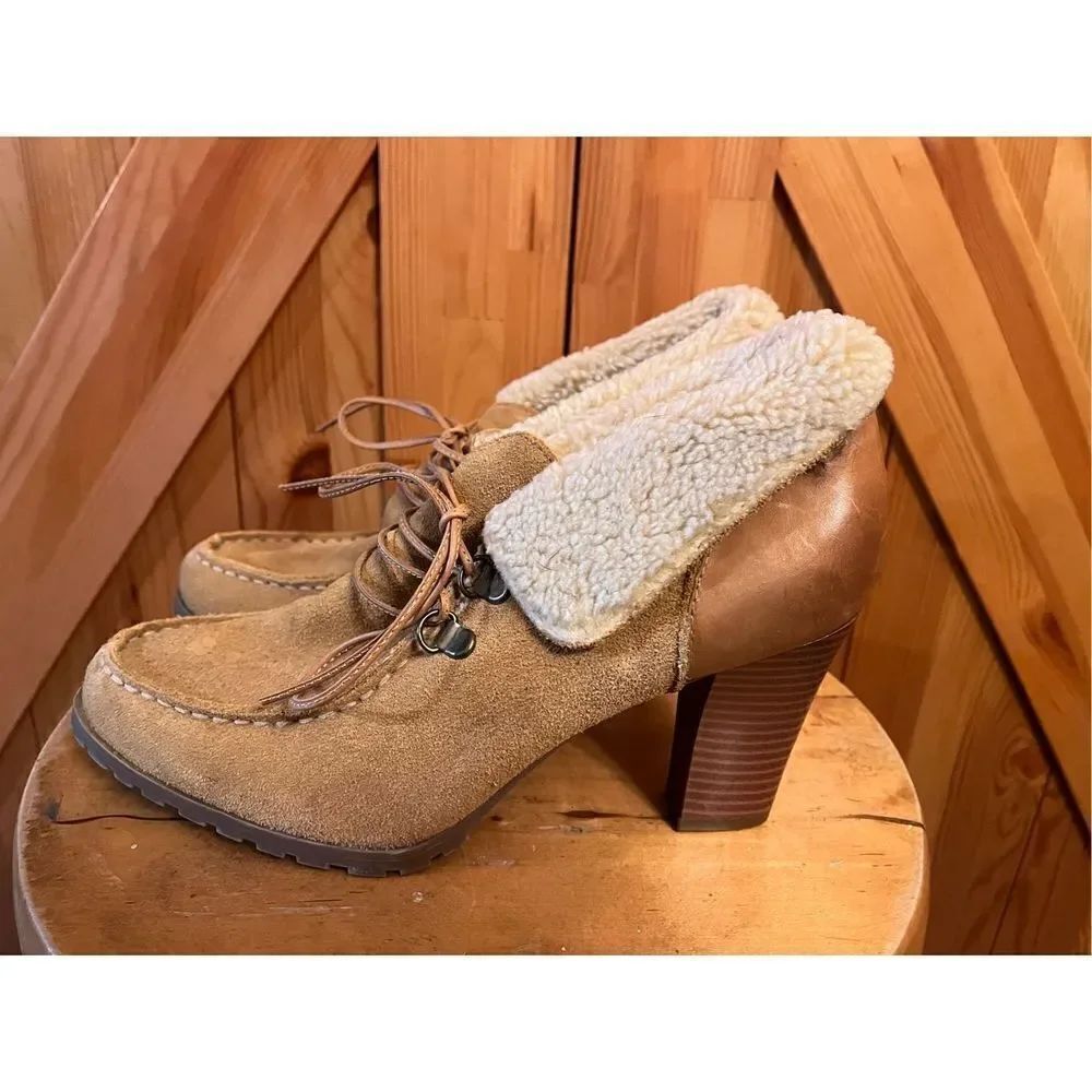 Ruff Hewn Willow Women Size 9.5 M Booties Brown/Tan Sherpa cuff 3.5" Stacked He